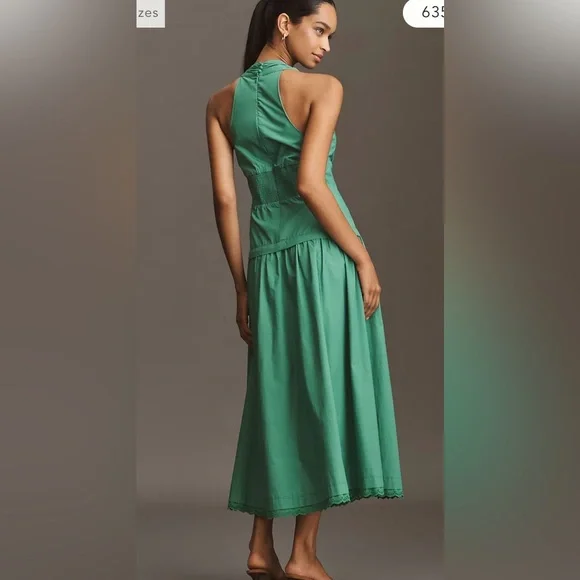 Anthropologie Maeve Halter V-Neck Drop-Waist Green Midi Dress Large NWT - Picture 2 of 3